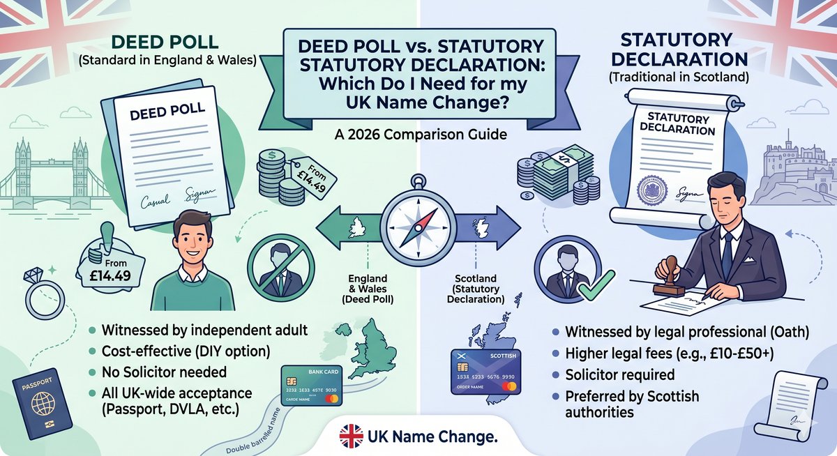 Side-by-side comparison of a UK Deed Poll and a formal Statutory Declaration document.