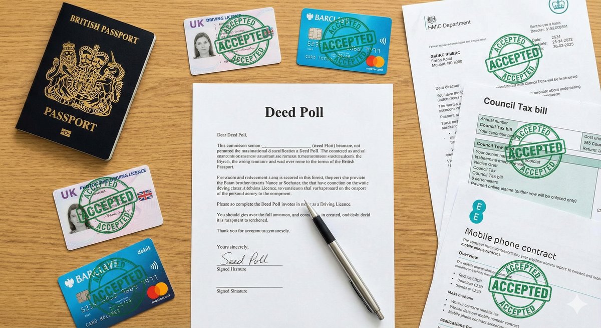 A flat-lay image showing a Deed Poll document surrounded by "Accepted" stamps and logos of a bank, a passport, and a driving licence.