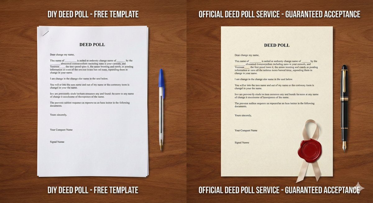 A close-up of a hand-typed "DIY" deed poll on plain paper next to a professional, sealed Deed Poll document, contrasting the quality.