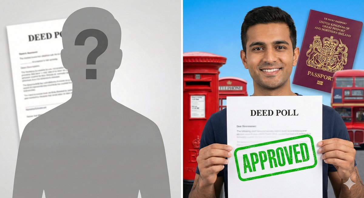 A conceptual image showing a "Freedom to Choose" theme. On one side, a grey silhouette of a person with a question mark. On the other side, the same person holding a document labelled "DEED POLL" with