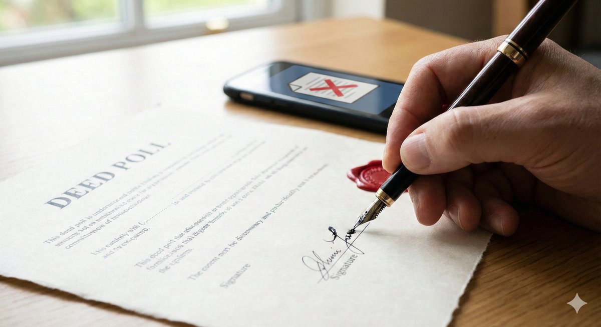 A close up of a fountain pen nib touching paper to sign a document, emphasizing the "Wet Ink" requirement, with a smartphone in the blurred background showing a rejected symbol.