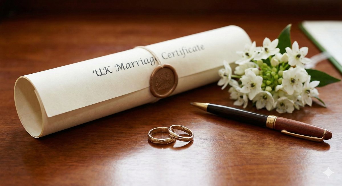 Wedding rings and marriage certificate for changing surname after marriage in the UK.