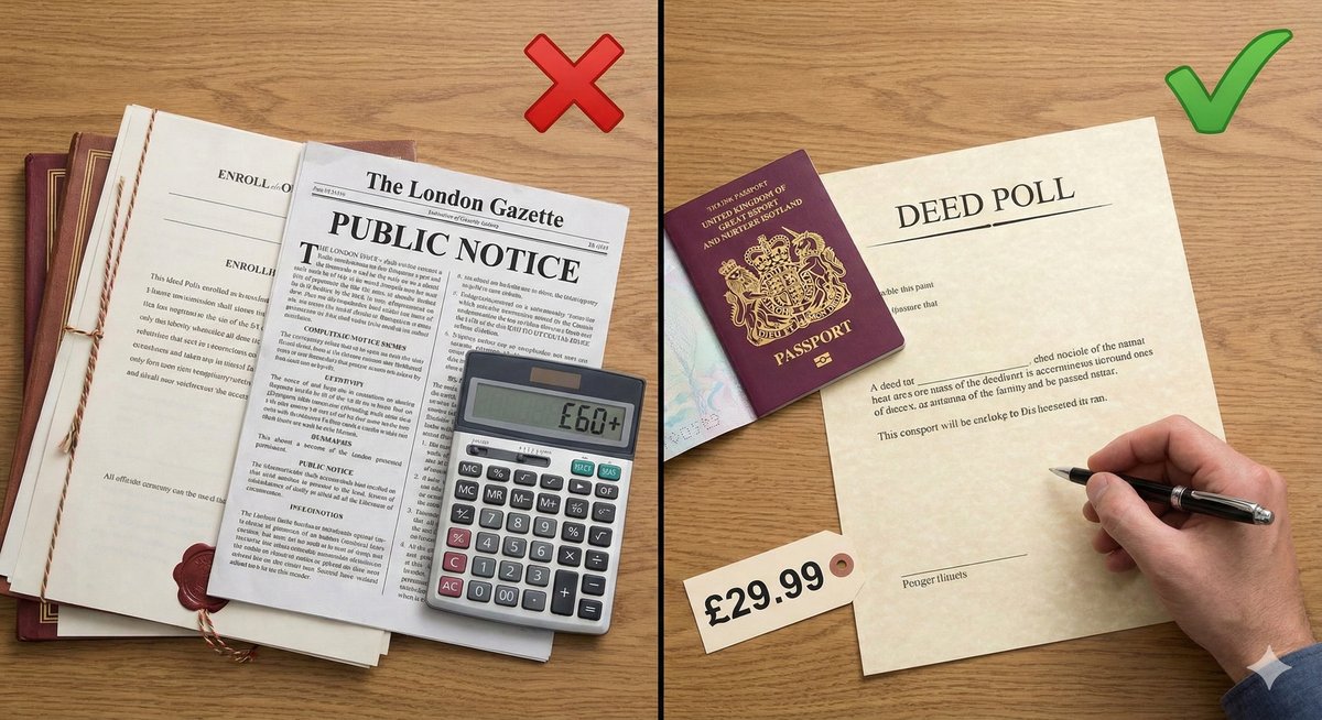 A split-screen realistic photo. On the left (Red X side), a stack of complicated legal forms with a "Public Record" stamp and a £250 price tag. On the right (Green Tick side), a clean, simple Deed Pol