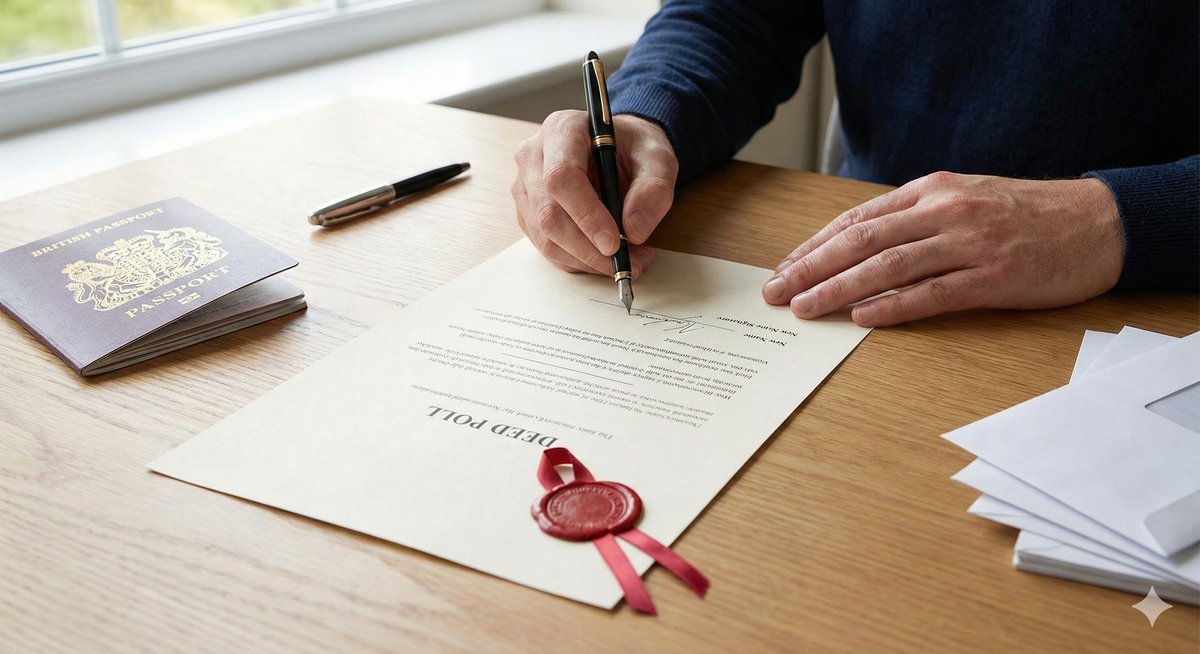 A pair of hands signing a formal Deed Poll document with a black pen, with a passport waiting nearby.