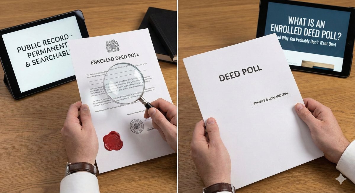 A magnifying glass focused on a newspaper column (The London Gazette) showing a list of names and addresses, symbolizing the lack of privacy with an Enrolled Deed Poll.