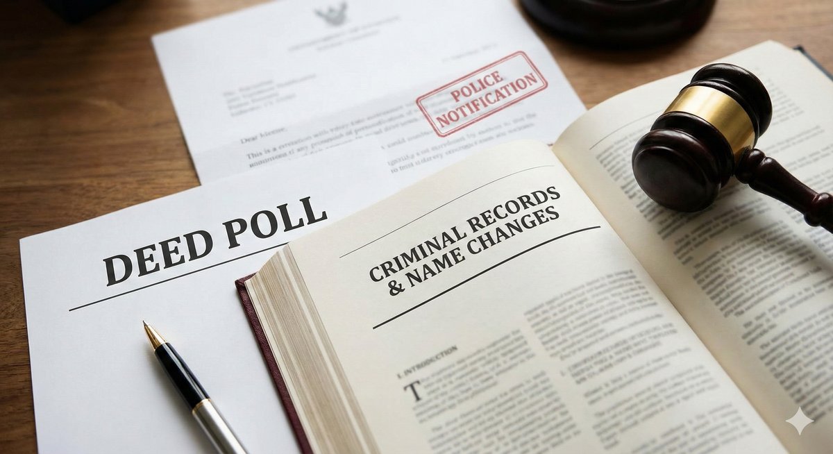 A wooden gavel resting on a legal document on a desk, symbolizing the legal aspects of changing your name with a criminal history.