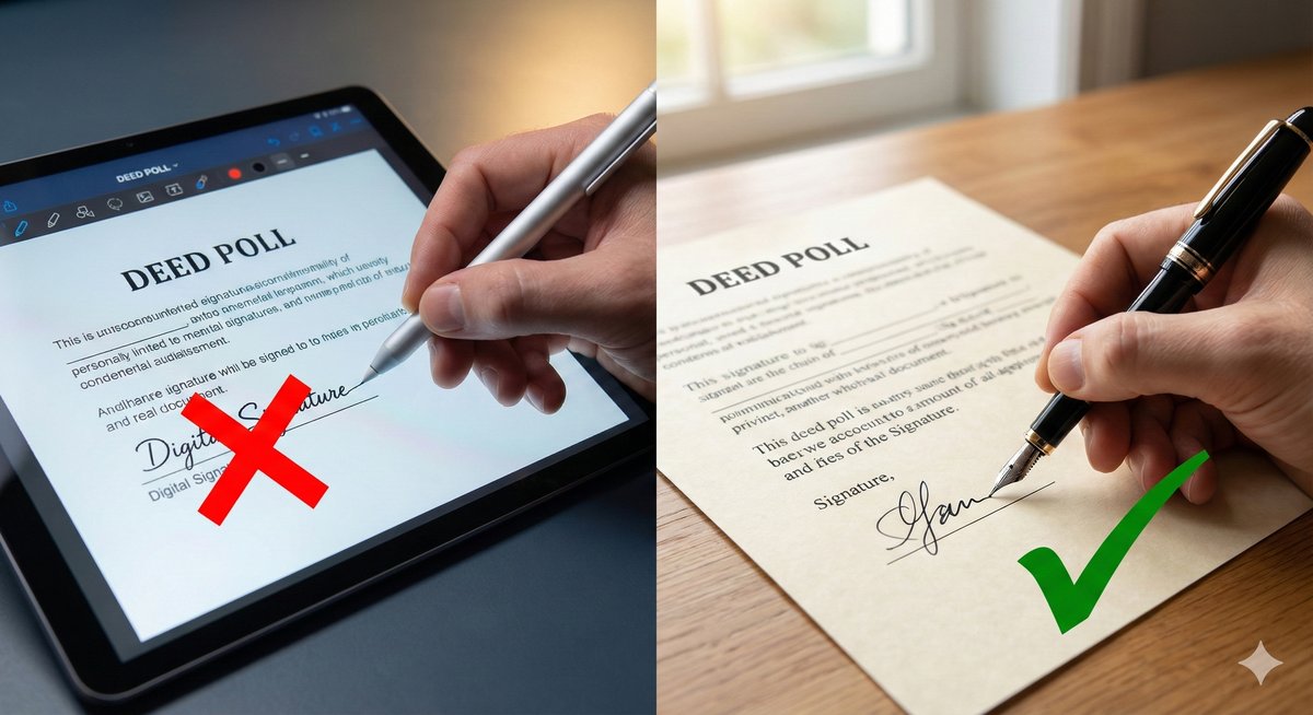 A split-screen photograph. On the left, a hand holds a stylus pen over a tablet displaying a digital Deed Poll PDF with a red "X" mark over the signature box. On the right, a different hand uses a rea