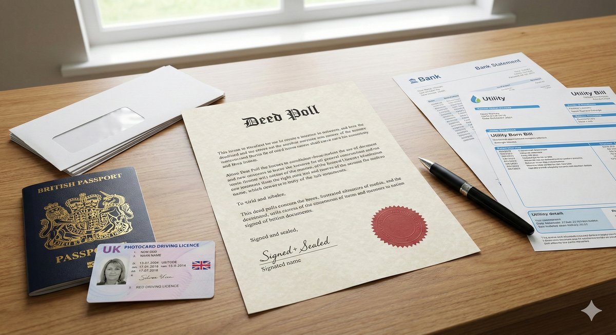 A flat-lay of essential name change documents on a desk: A UK Passport, a Driving Licence, and a Deed Poll document.