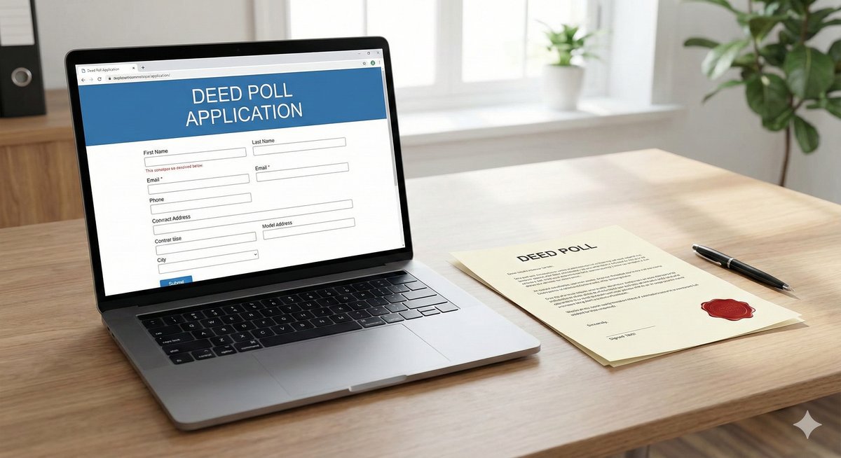 A laptop displaying a deed poll application form on a desk next to a printed deed poll document and a pen.