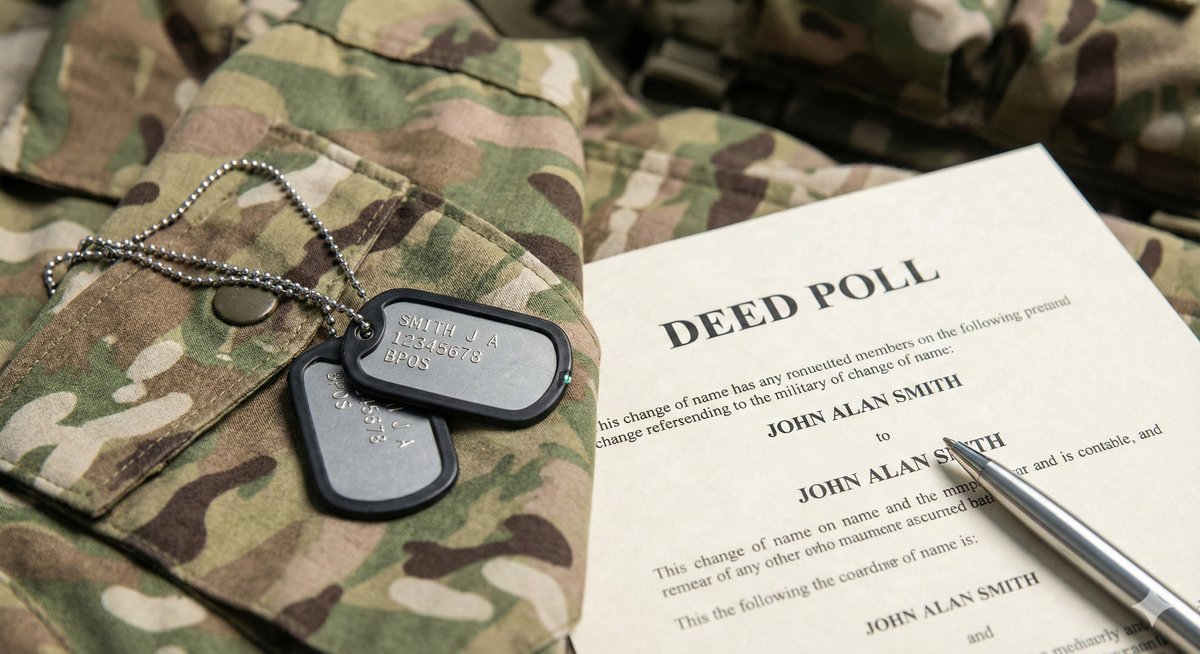 A set of British Army dog tags resting on a camouflage uniform next to a legal Deed Poll document.