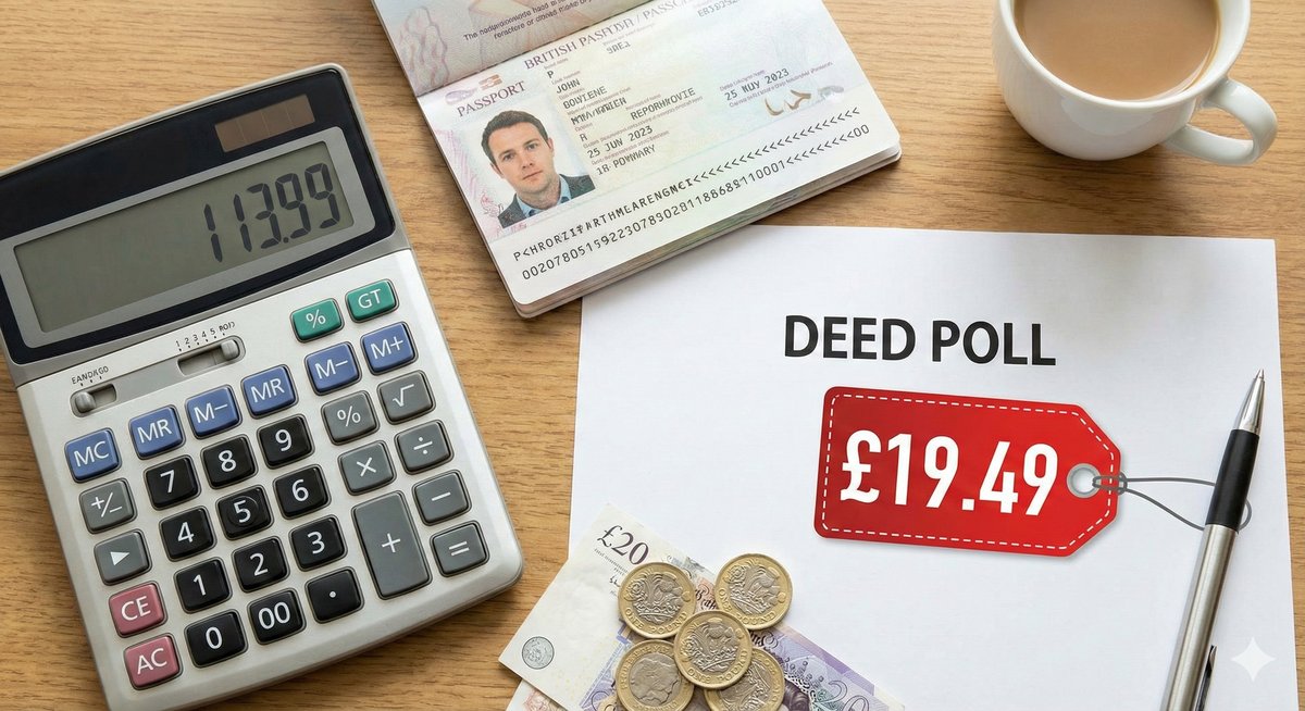 A calculator sitting on a desk next to a British Passport and a Deed Poll document, representing the cost breakdown of a name change.
