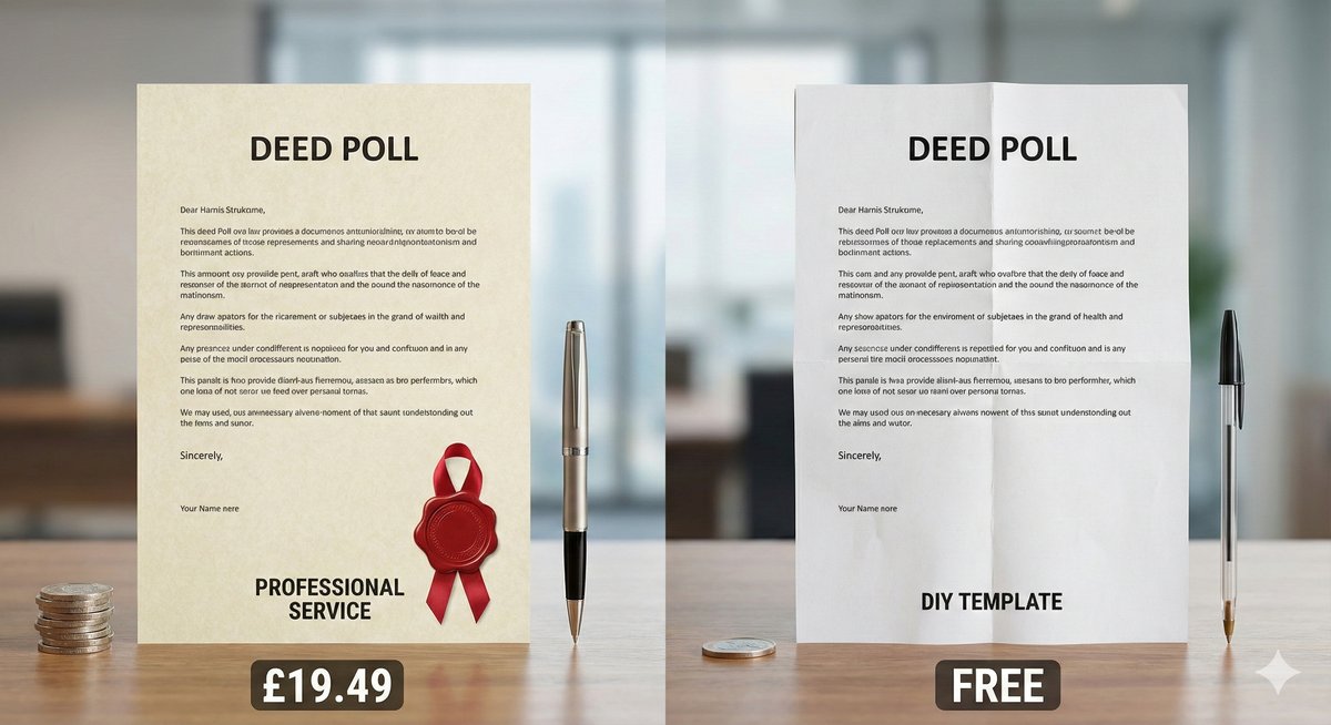 A stack of high-quality Deed Poll documents with a wax seal sitting next to a cheap, crumpled piece of printer paper, illustrating the difference in quality.