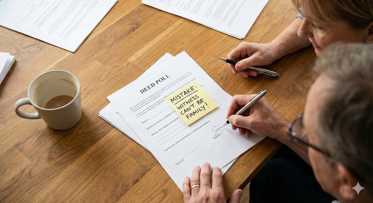 A person's hand frustratedly crumpling up a piece of paper representing a rejected DIY deed poll, next to a computer screen showing an error message.