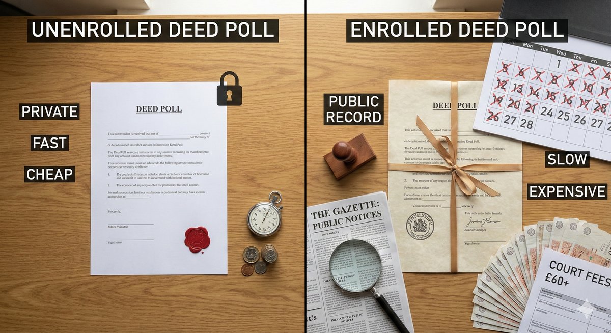 A set of scales weighing "Unenrolled" (labeled Fast, Private, Cheap) against "Enrolled" (labeled Slow, Public, Expensive), with Unenrolled being the clear winner.