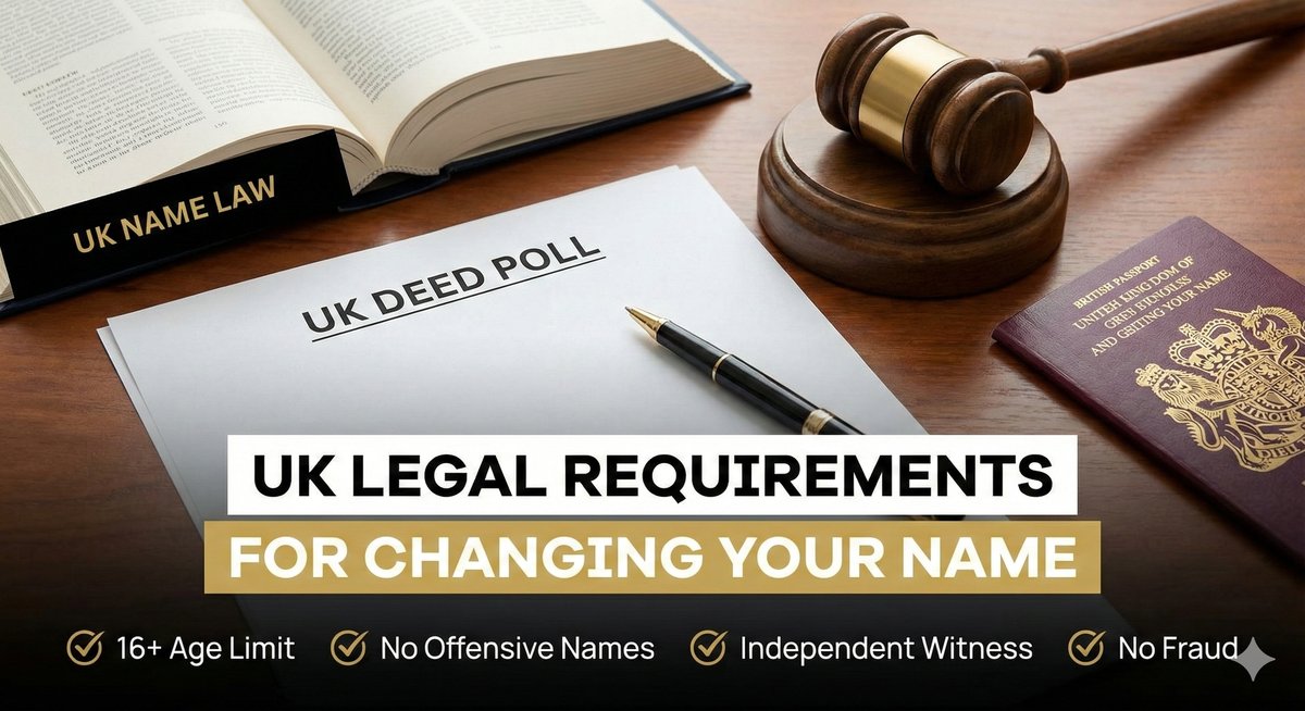 A wooden gavel on a desk next to a legal textbook, representing UK law and name change regulations.
