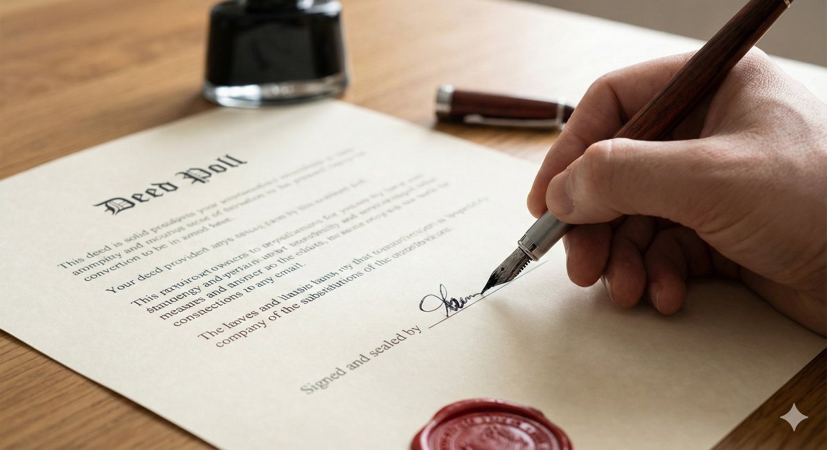 A close-up of a hand holding a fountain pen, about to sign a formal Deed Poll document, symbolising the "wet ink" requirement.