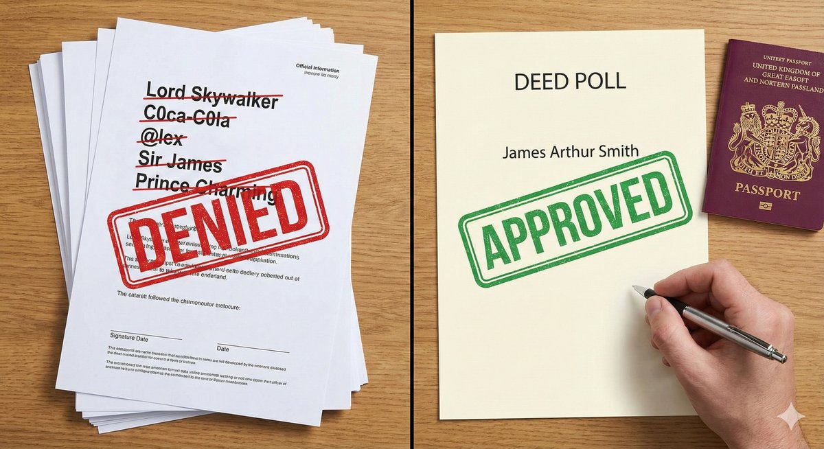A conceptual split-screen. On one side, a list of rejected names (e.g., "Lord Skywalker", "C0ca-C0la", "@lex") stamped with a red "DENIED". On the other side, a clean Deed Poll with a standard name st