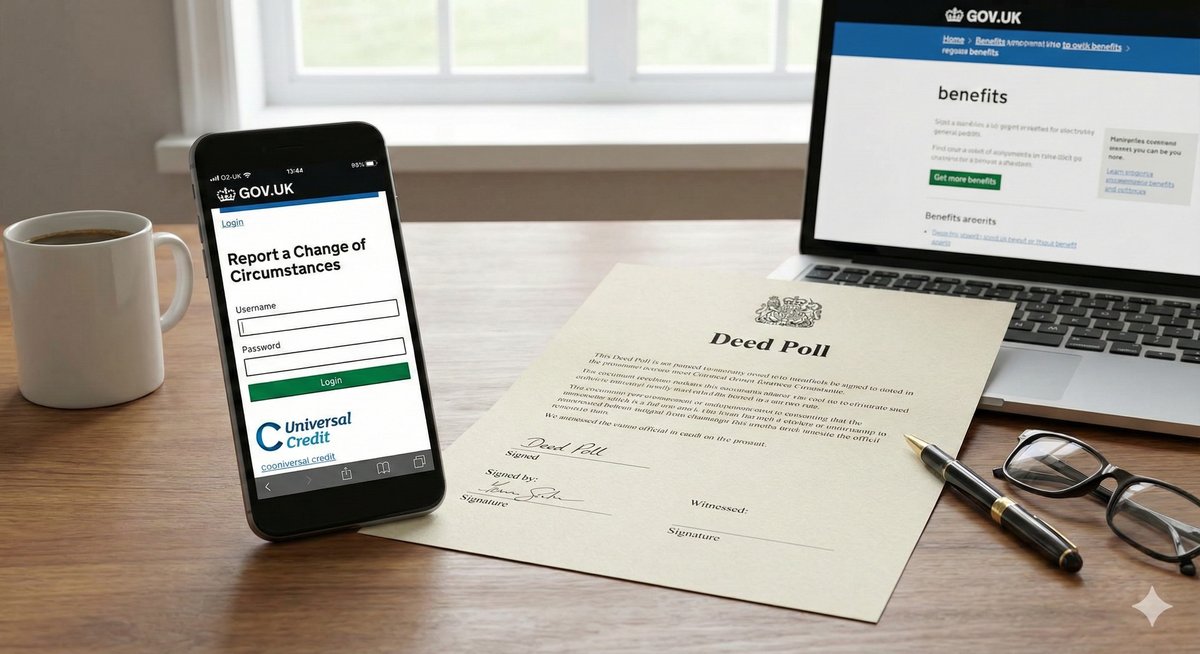 A smartphone displaying the Universal Credit login screen next to a Deed Poll, illustrating the online reporting process.