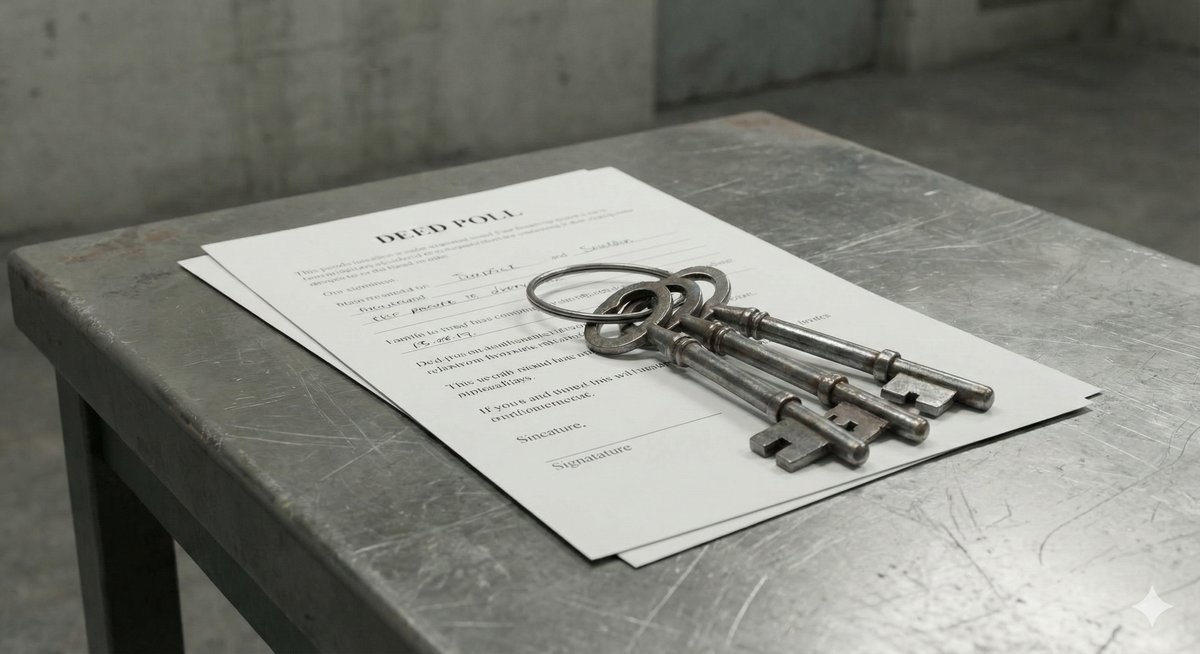 A set of prison keys resting on a legal document on a metal desk, illustrating the process of changing a name while in custody.