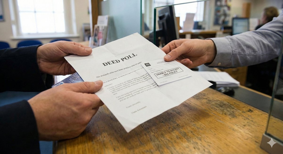 A close-up of a bank clerk's hands pushing a DIY-looking document back across a counter towards a frustrated customer.