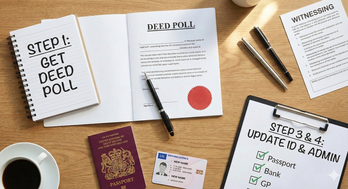 A flat lay photograph of a desk showing a roadmap for a name change, including a Deed Poll document, a passport, a pen, and a checklist.