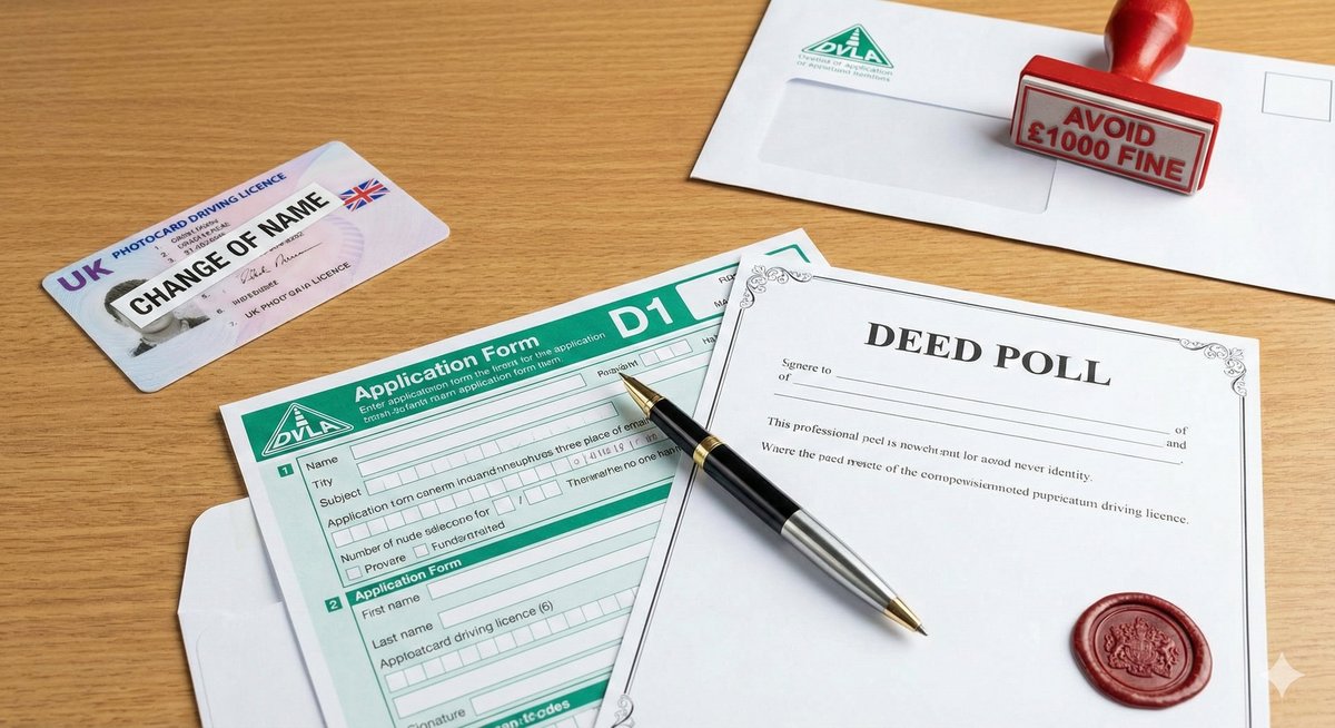 A UK Driving Licence photocard sitting on top of a D1 application form and a Deed Poll document.