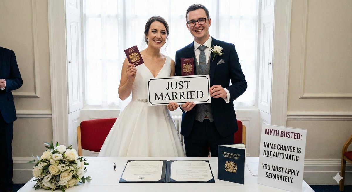Bride and groom with just married sign, debunking marriage name change myths.