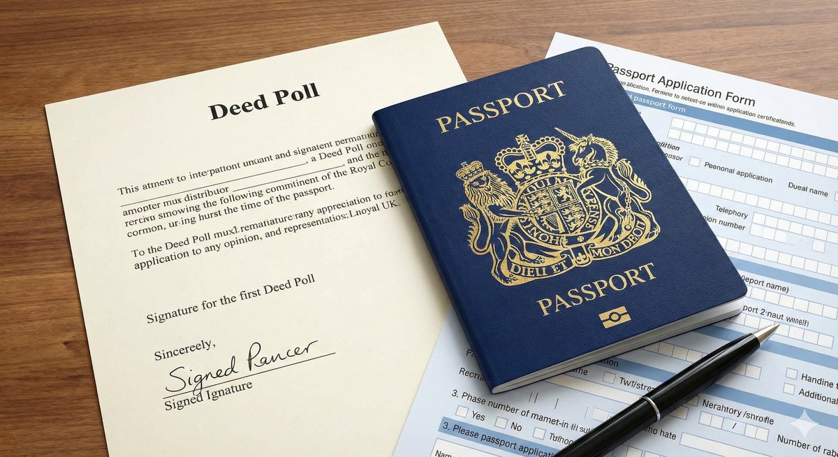 A new UK Passport sitting on top of an application form and a Deed Poll document, ready for submission.