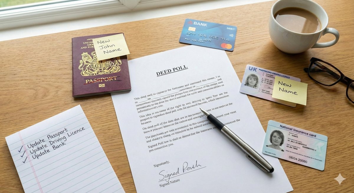 A collection of UK identity documents including a passport, a photocard driving licence, and bank cards, sitting next to a signed Deed Poll.