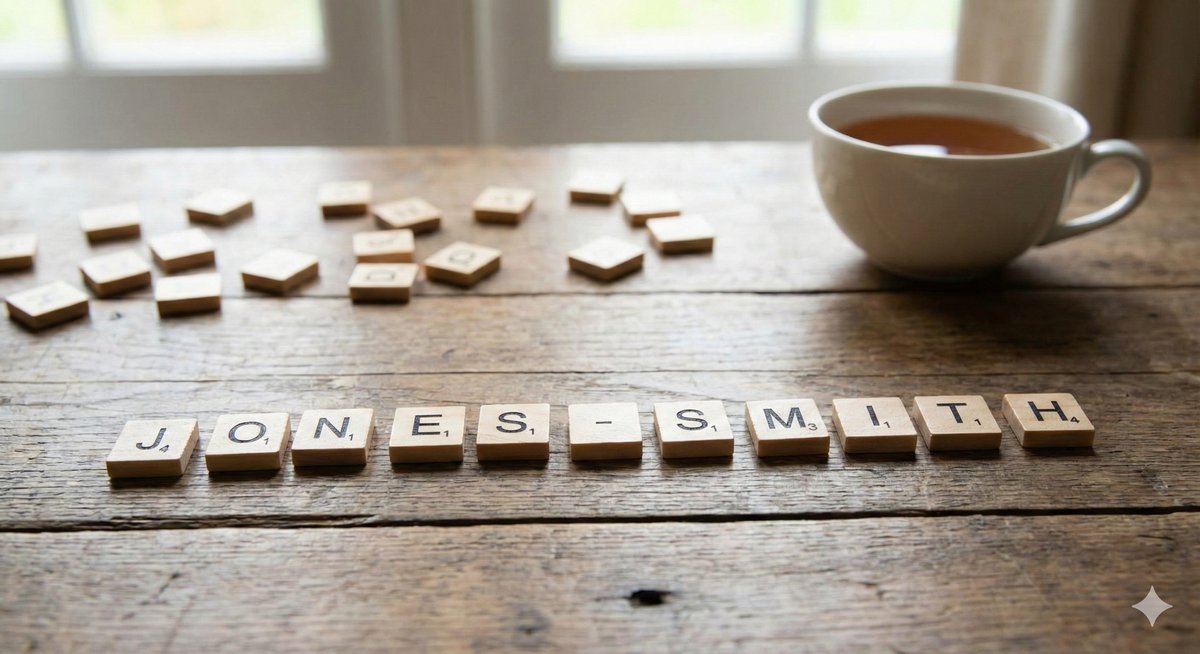 Scrabble tiles spelling out a double-barrelled surname with a hyphen.