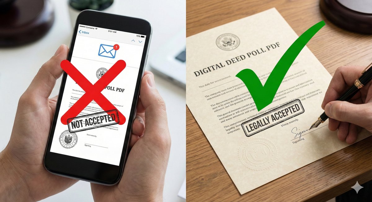 A split-screen conceptual photograph. On the left, a hand holds a smartphone displaying a "Deed Poll PDF" file with a red "X" over it. On the right, a hand is using a fountain pen to sign a physical,