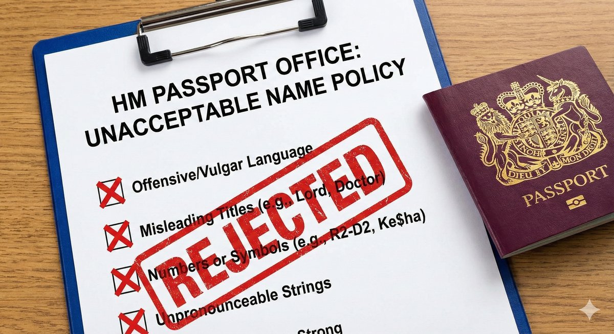 A red "REJECTED" stamp over a list of names on a clipboard, with a UK Passport in the background.