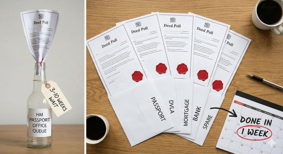 A fan of identical Deed Poll documents spread out on a desk, illustrating the concept of "Duplicate Originals."