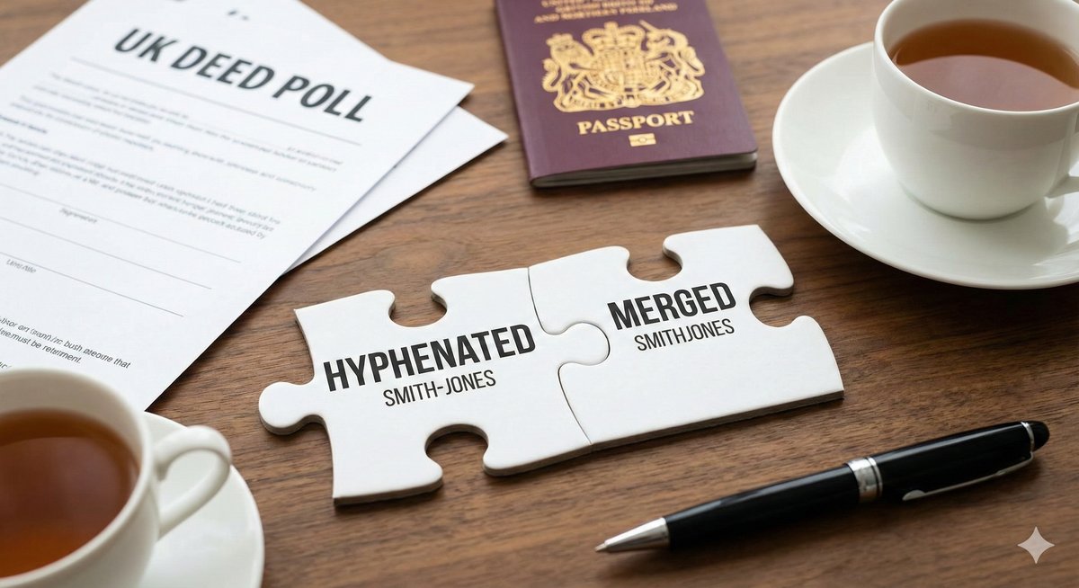 Hyphenated vs merged surnames puzzle concept for UK deed poll name changes.