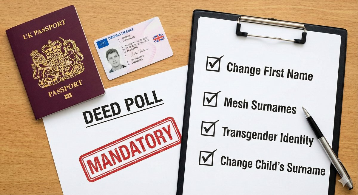 A close-up of a UK Passport application form and a Deed Poll, illustrating the mandatory link required between the documents.