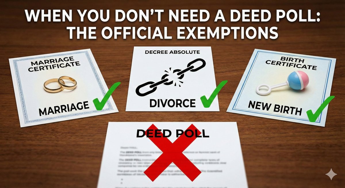 Visual checklist of documents that are exemptions to a Deed Poll for name changes, including a Marriage Certificate, Decree Absolute, and Birth Certificate, all marked with green ticks.
