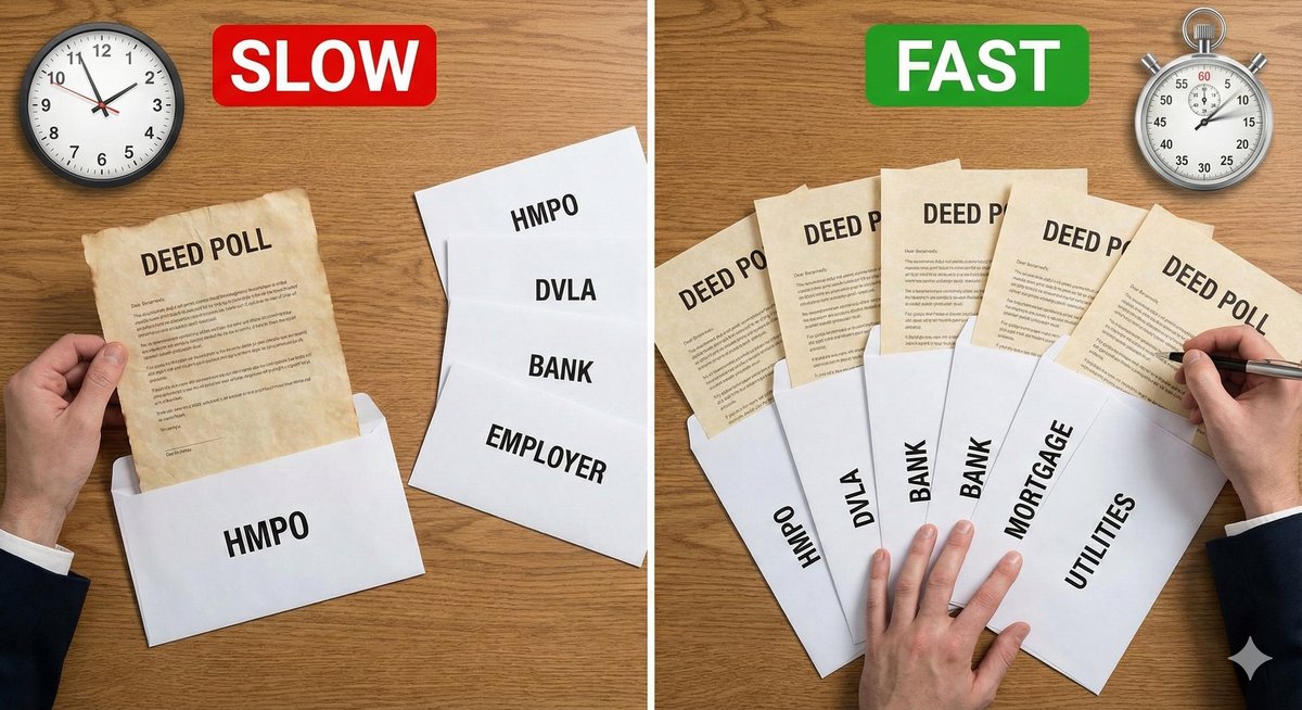 A conceptual photograph on a desk. On the left, a single, worn-looking deed poll document next to a slow-ticking clock. On the right, five crisp, identical deed poll documents fanned out next to a fas