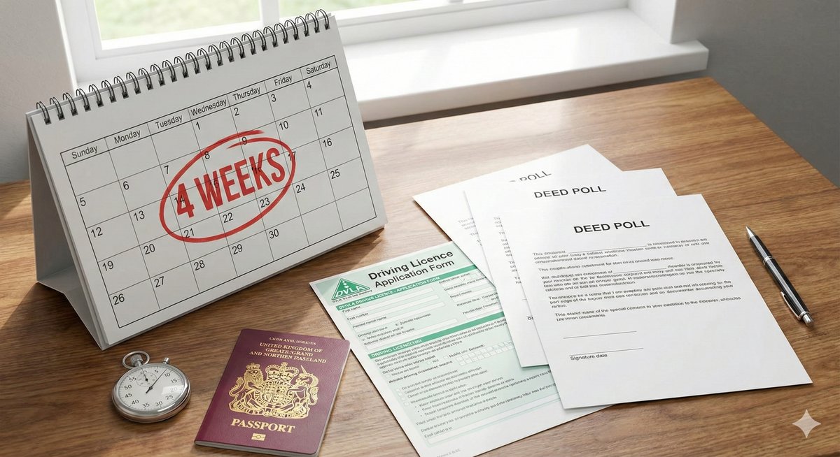 A calendar and a stopwatch on a desk next to a UK Passport and a Deed Poll, illustrating the time it takes to change your name.