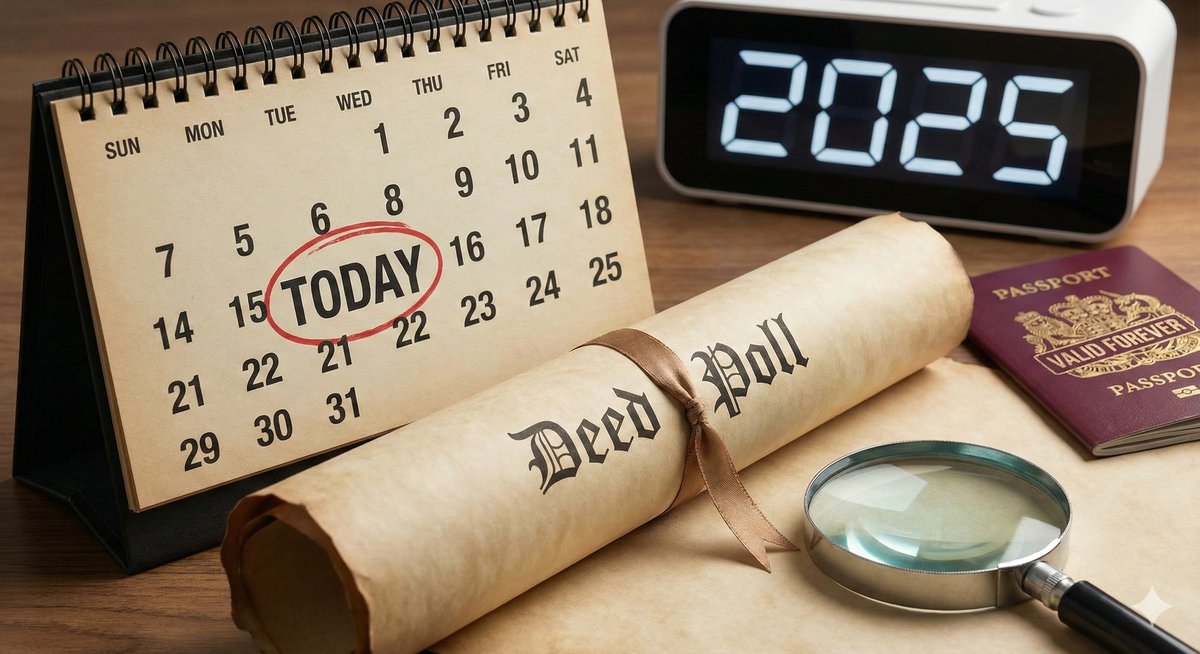 A UK Passport and a signed Deed Poll document on a desk, illustrating the mandatory legal link required for official name changes.