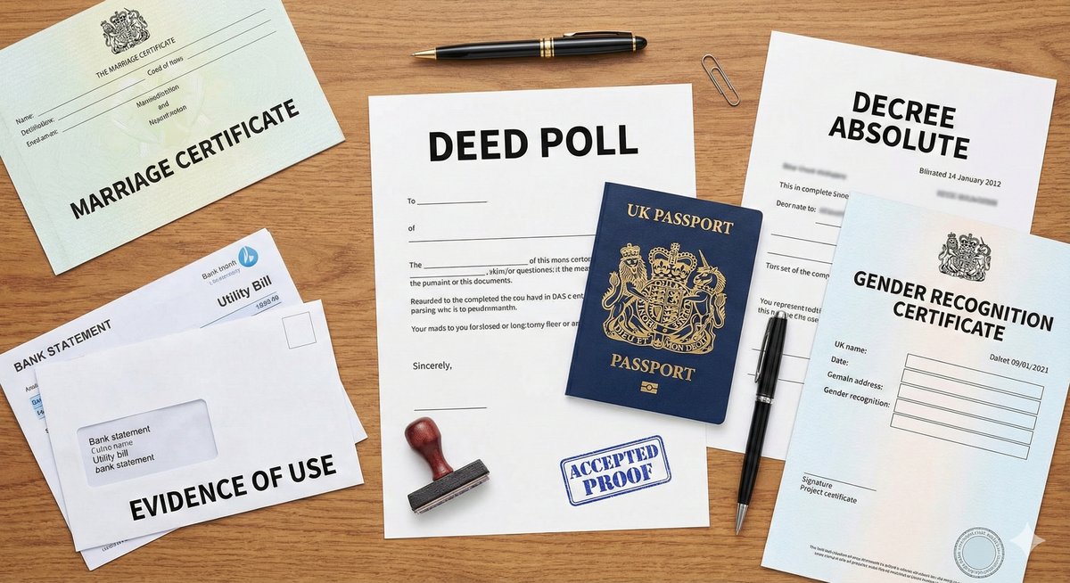 A flat-lay collection of official documents on a desk: A UK Passport, a Deed Poll, and a Marriage Certificate, representing the hierarchy of proof.