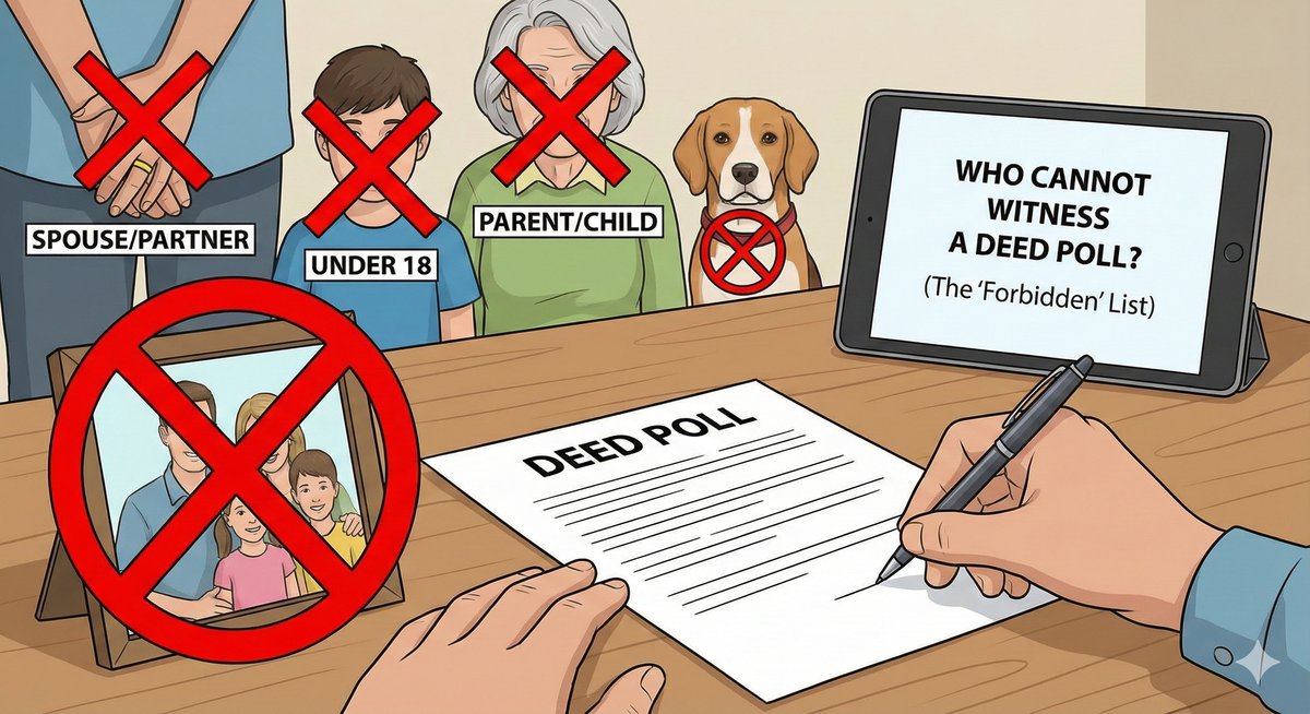 A checklist on a clipboard with red crosses next to "Mother", "Partner", and "Flatmate", indicating they cannot witness a Deed Poll.