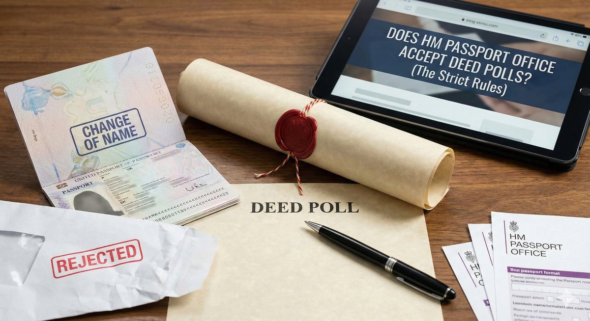 A dark blue British Passport resting on top of a cream Deed Poll document, with a "Travel" stamp nearby.