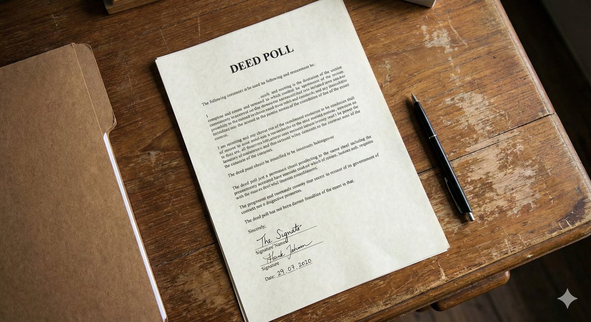 A legal Deed Poll document sitting on a desk next to a formal file folder, representing the process of notifying probation services of a name change.