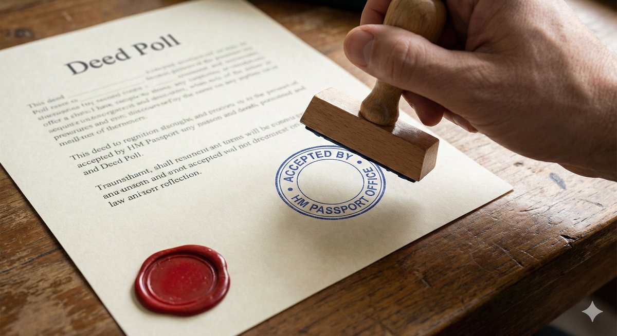 A close-up of an official "ACCEPTED" stamp being pressed onto a Deed Poll document, symbolizing legal recognition.