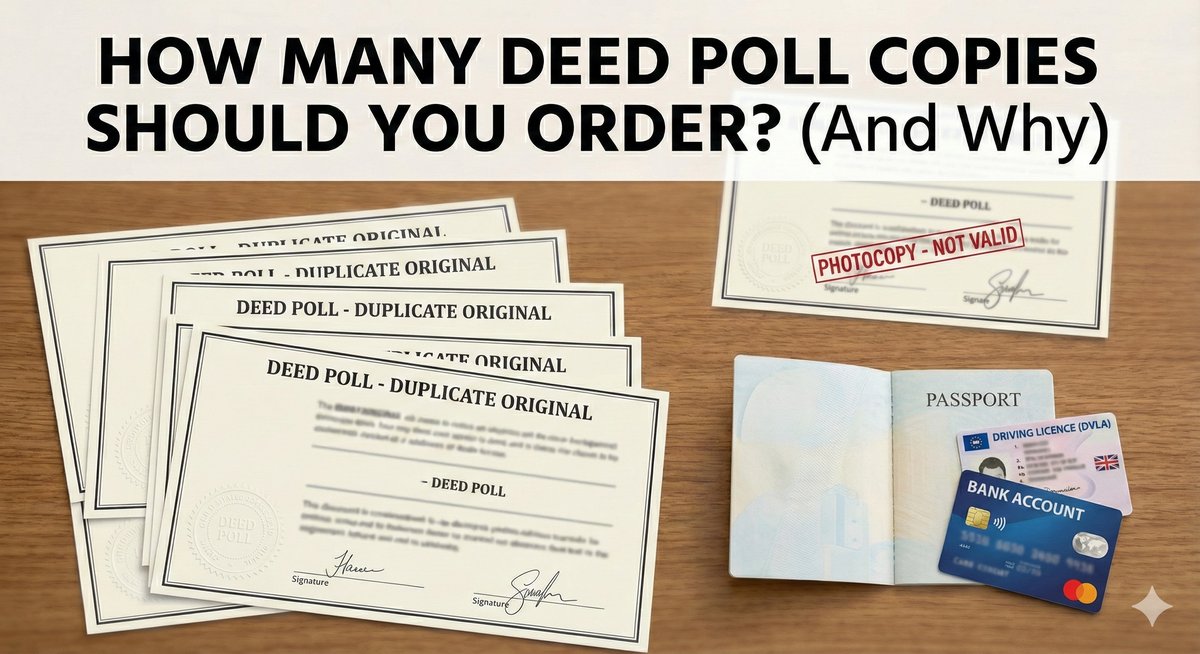A fan of 5 identical Deed Poll documents spread out on a desk, representing the "Standard Pack" of copies.