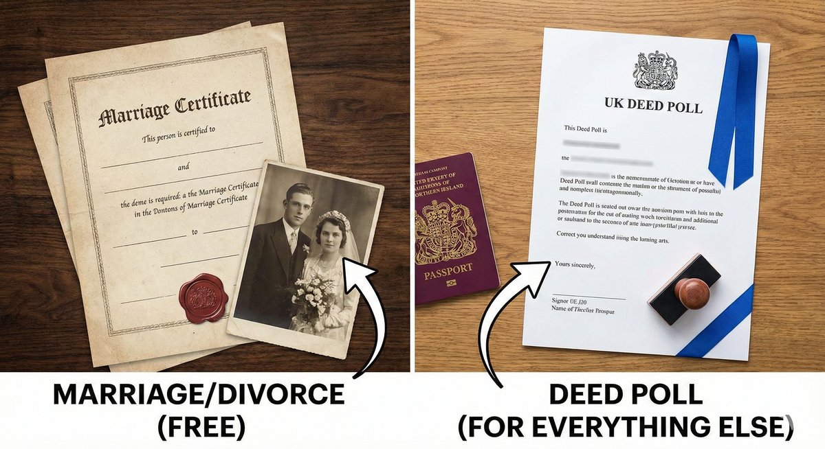 A comparison of a Marriage Certificate and a Deed Poll document on a desk, representing the different ways to change your name in the UK.