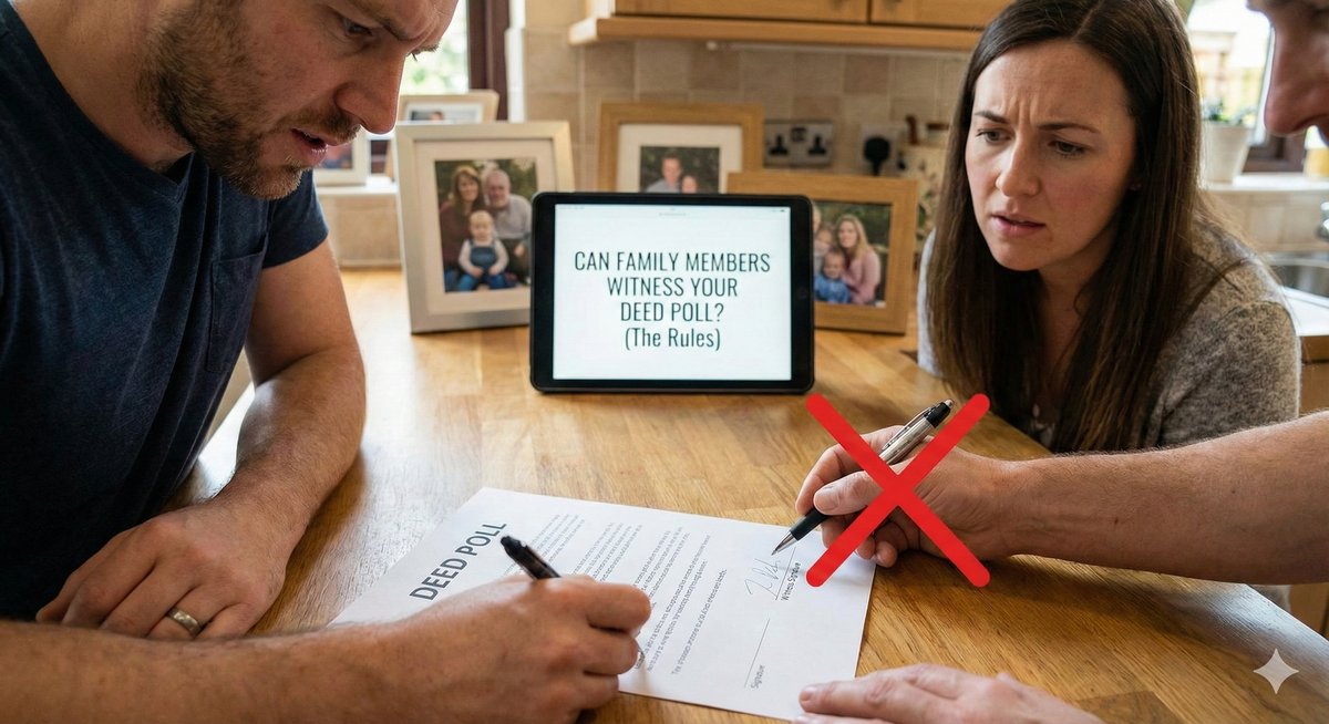 A red "X" over a silhouette of a family group, and a green tick over a silhouette of a neighbour/colleague signing a paper.