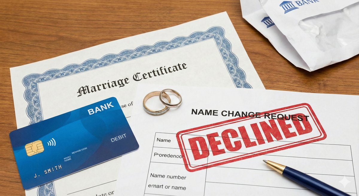 Marriage certificate and bank card, illustrating bank rejection of name change.