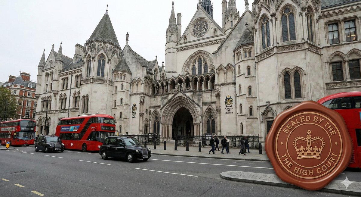 A photograph of the Royal Courts of Justice building in London, with a graphic overlay of a "Sealed" document icon.