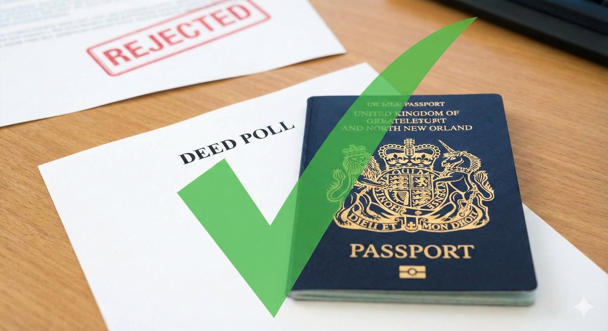 A close-up photograph of a UK passport resting on a clean, white "Deed Poll" document. A large green tick is superimposed over them. In the blurred background, there is a rejected application stamp.